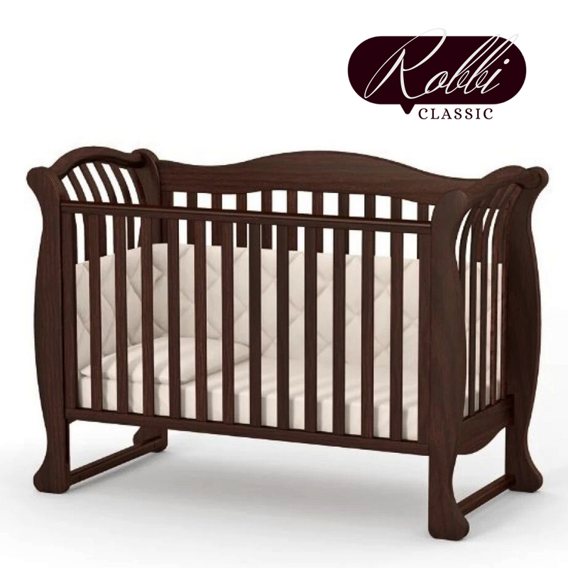 Lettino per neonati affiancabile al letto Robbi Gekko 120×60. Può essere dotato di ruote oppure di un meccanismo a dondolo per cullare il bambino. Colore: legno scuro.