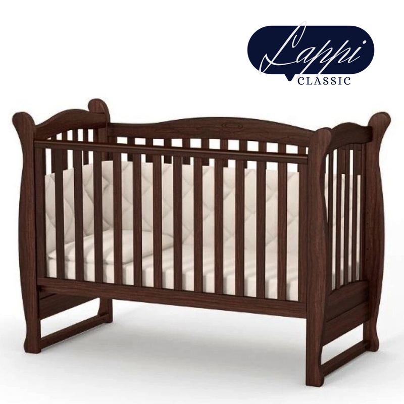 Lettino per neonati affiancabile al letto Lappi Gekko 120x60. Può essere utilizzata con ruote oppure con meccanismo a dondolo per cullare il bambino. Colore legno scuro