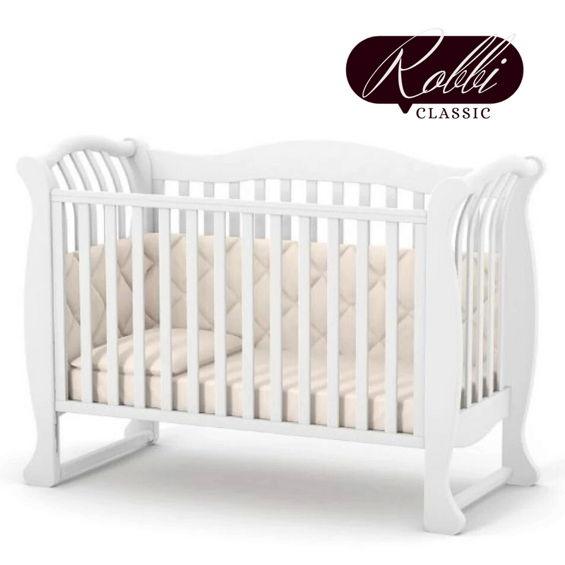 Lettino per neonati affiancabile al letto Robbi Gekko 120×60. Può essere dotato di ruote oppure di un meccanismo a dondolo per cullare il bambino. Colore: bianco