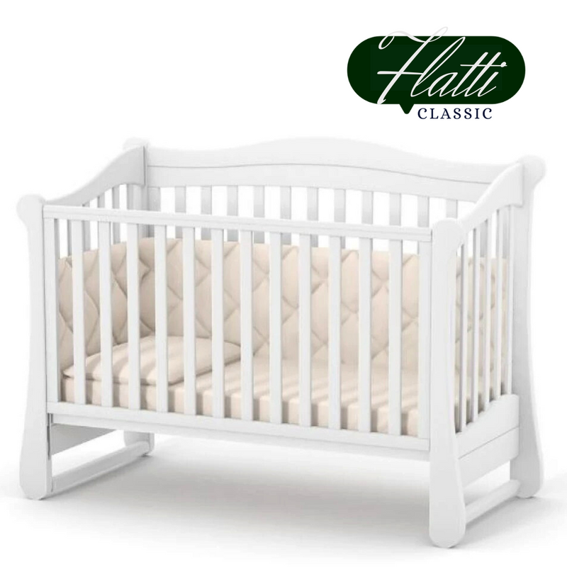 Lettino per neonati affiancabile al letto dei genitori Flatti Gekko 120x60. Può essere dotato di ruote oppure di meccanismo a dondolo per cullare il bambino. Colore: bianco