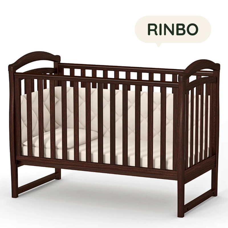 Lettino per neonati affiancabile al letto Rinbo Gekko 120x60. Può essere utilizzata con ruote oppure con meccanismo a dondolo per cullare delicatamente il bambino. Colore legno scuro