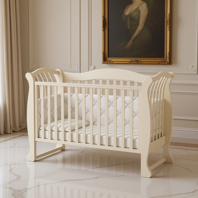 Lettino per neonati affiancabile al letto Robbi Gekko 120×60. Può essere dotato di ruote oppure di un meccanismo a dondolo per cullare il bambino. Colore: vanilia latte