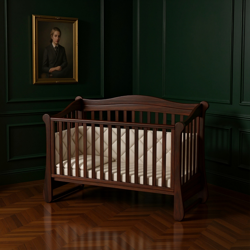 Lettino per neonati affiancabile al letto dei genitori Flatti Gekko 120x60. Può essere dotato di ruote oppure di meccanismo a dondolo per cullare il bambino. Colore: legno scuro