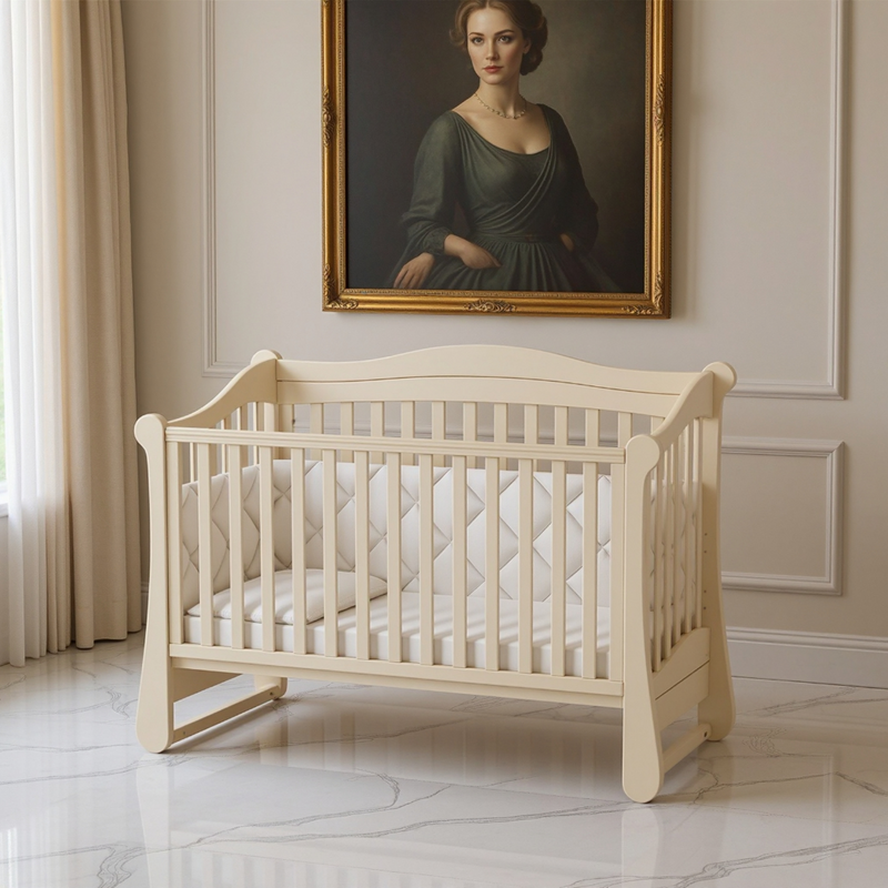 Lettino per neonati affiancabile al letto dei genitori Flatti Gekko 120x60. Può essere dotato di ruote oppure di meccanismo a dondolo per cullare il bambino. Colore: vanilia latte