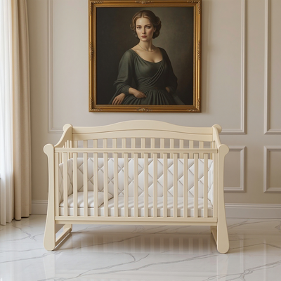 Lettino per neonati affiancabile al letto dei genitori Flatti Gekko 120x60. Può essere dotato di ruote oppure di meccanismo a dondolo per cullare il bambino. Colore: vanilia latte