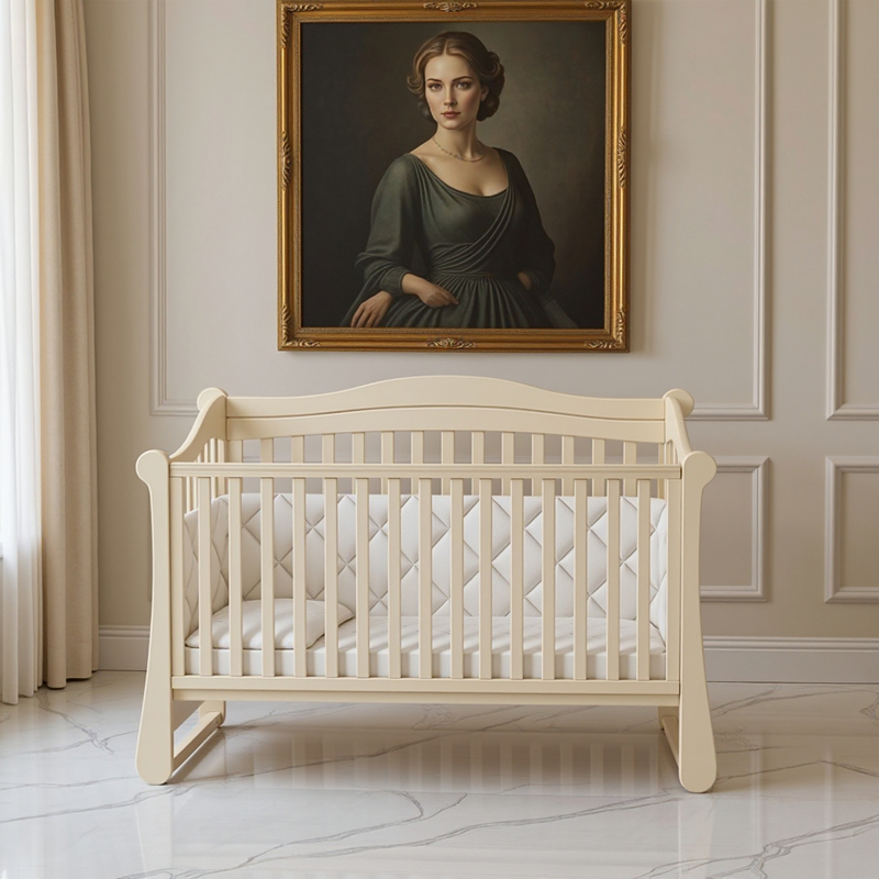 Lettino per neonati affiancabile al letto dei genitori Flatti Gekko 120x60. Può essere dotato di ruote oppure di meccanismo a dondolo per cullare il bambino. Colore: vanilia latte