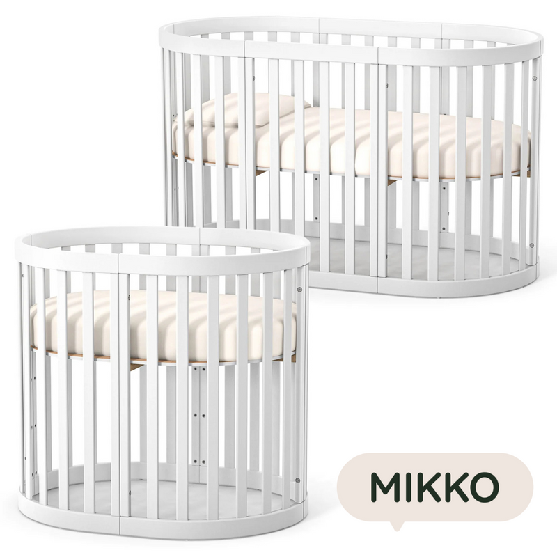 Lettino rotondo per neonati affiancabile al letto Mikko Gekko 140x70. Crescente – disponibile la funzione di trasformazione. Può essere dotata di ruote oppure di meccanismo a dondolo per cullare il bambino. Colore bianco