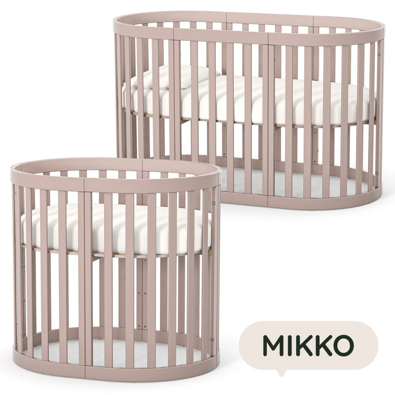 Lettino rotondo per neonati affiancabile al letto Mikko Gekko 140x70. Crescente – disponibile la funzione di trasformazione. Può essere dotata di ruote oppure di meccanismo a dondolo per cullare il bambino. Colore beige
