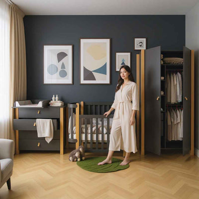 Lettino affiancabile al letto Zukko Gekko Kids. Evolutivo – Culla e lettino 2 in 1. Colore graphite-legno naturale.