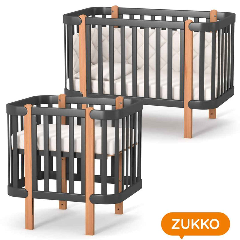 Lettino affiancabile al letto Zukko Gekko Kids. Evolutivo – Culla e lettino 2 in 1. Colore graphite-legno naturale.