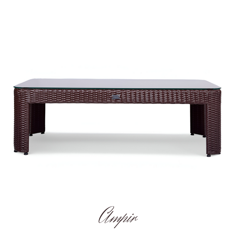 Tavolino da giardino in rattan sintetico con piano in vetro temperato AMPIR Terico. 140×70×45 cm. Colore: marrone