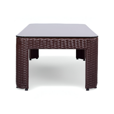 Tavolino da giardino in rattan sintetico con piano in vetro temperato AMPIR Terico. 140×70×45 cm. Colore: marrone