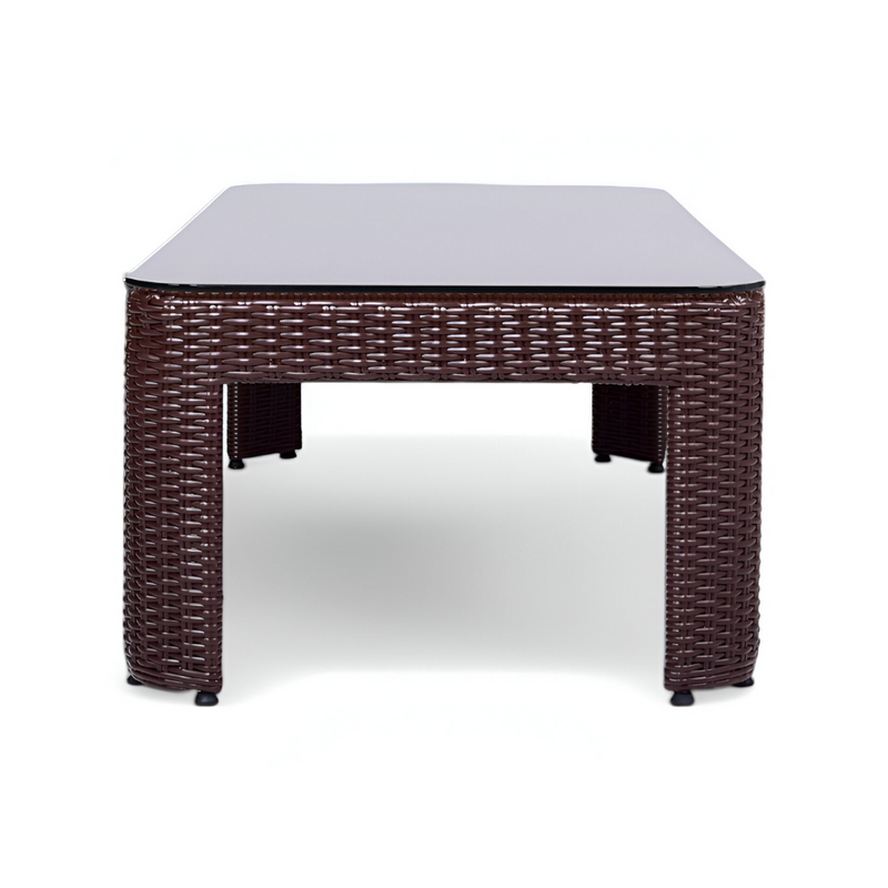 Tavolino da giardino in rattan sintetico con piano in vetro temperato AMPIR Terico. 140×70×45 cm. Colore: marrone