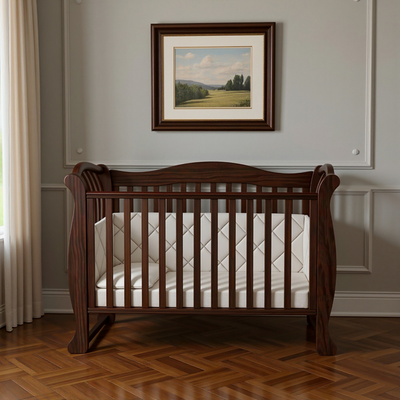 Lettino per neonati affiancabile al letto Robbi Gekko 120×60. Può essere dotato di ruote oppure di un meccanismo a dondolo per cullare il bambino. Colore: legno scuro.