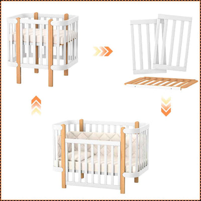 Lettino affiancabile per neonati Zukko Gekko 120x60. Evolutivo – con funzione di trasformazione disponibile. Può essere dotato di ruote o di meccanismo a dondolo per la nanna. Colore: Bianco – Faggio Naturale.