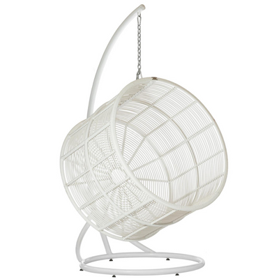 Poltrona sospesa dal design elegante con supporto TINO Terico — sedia a dondolo dalla forma arrotondata. Bianca.