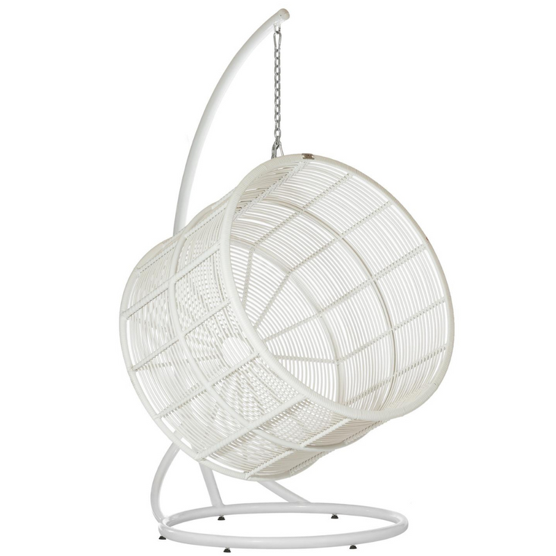 Poltrona sospesa dal design elegante con supporto TINO Terico — sedia a dondolo dalla forma arrotondata. Bianca.