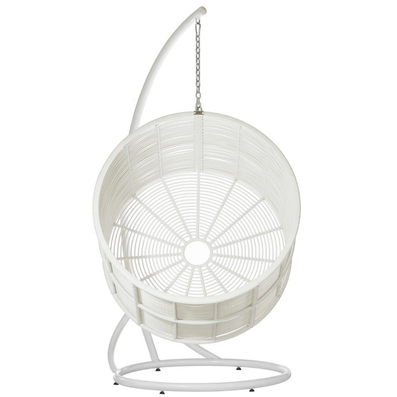 Poltrona sospesa dal design elegante con supporto TINO Terico — sedia a dondolo dalla forma arrotondata. Bianca.