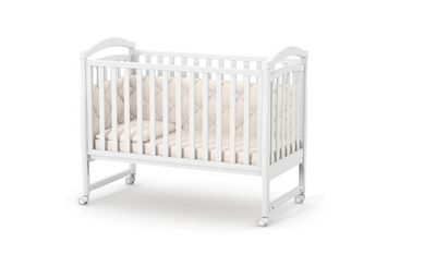 Lettino per neonati affiancabile al letto Rinbo Gekko 120x60. Può essere utilizzata con ruote oppure con meccanismo a dondolo per cullare delicatamente il bambino. Colore bianco.