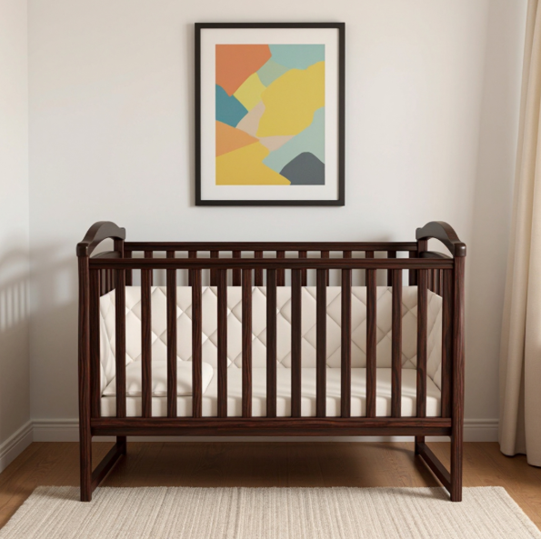 Lettino per neonati affiancabile al letto Rinbo Gekko 120x60. Può essere utilizzata con ruote oppure con meccanismo a dondolo per cullare delicatamente il bambino. Colore legno scuro