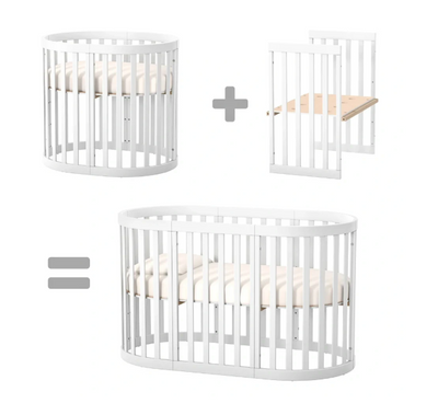 Lettino rotondo per neonati affiancabile al letto Mikko Gekko 140x70. Crescente – disponibile la funzione di trasformazione. Può essere dotata di ruote oppure di meccanismo a dondolo per cullare il bambino. Colore bianco
