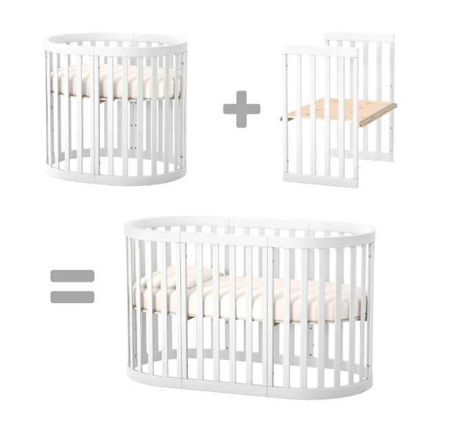Lettino rotondo per neonati affiancabile al letto Mikko Gekko 140x70. Crescente – disponibile la funzione di trasformazione. Può essere dotata di ruote oppure di meccanismo a dondolo per cullare il bambino. Colore bianco