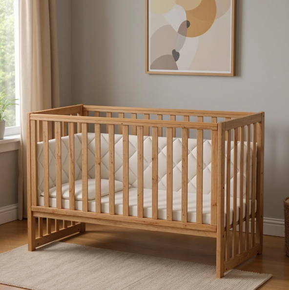 Lettino per neonati affiancabile al letto Sleeppo Gekko 120x60. Può essere utilizzata con ruote oppure con meccanismo a dondolo per cullare delicatamente il bambino. Legno