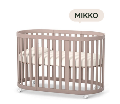Lettino rotondo per neonati affiancabile al letto Mikko Gekko 140x70. Crescente – disponibile la funzione di trasformazione. Può essere dotata di ruote oppure di meccanismo a dondolo per cullare il bambino. Colore beige