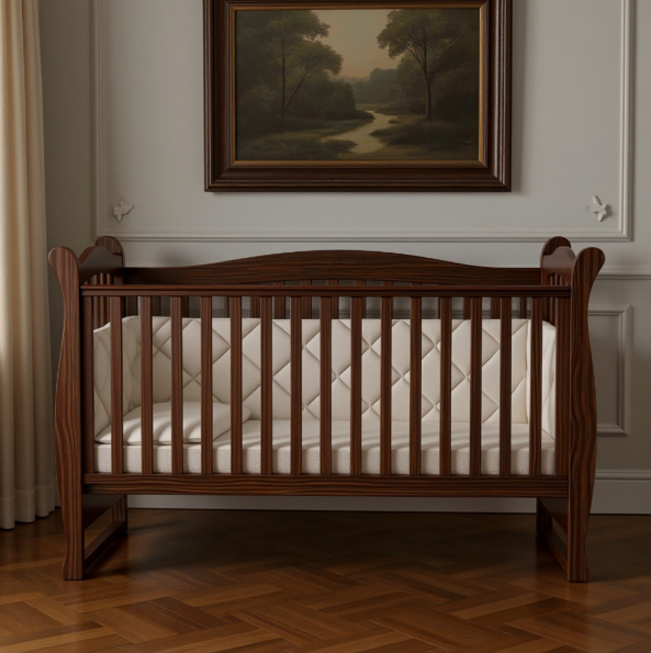 Lettino per neonati affiancabile al letto Lappi Gekko 120x60. Può essere utilizzata con ruote oppure con meccanismo a dondolo per cullare il bambino. Colore legno scuro