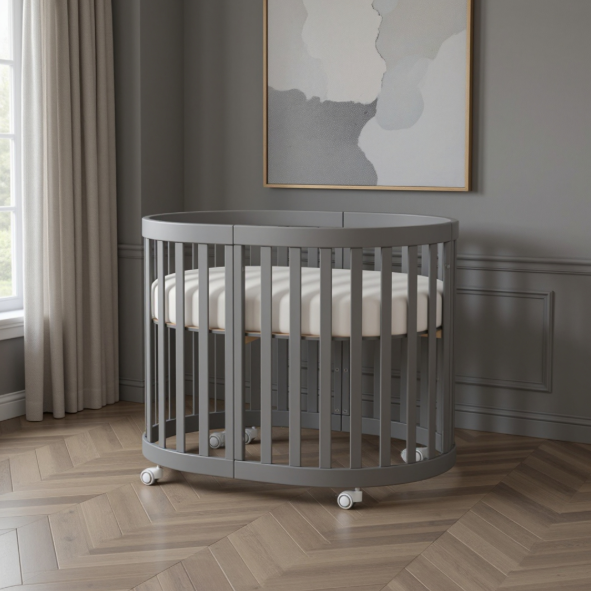 Lettino rotondo per neonati affiancabile al letto Mikko Gekko 140x70. Crescente – disponibile la funzione di trasformazione. Può essere dotata di ruote oppure di meccanismo a dondolo per cullare il bambino. Colore grigio
